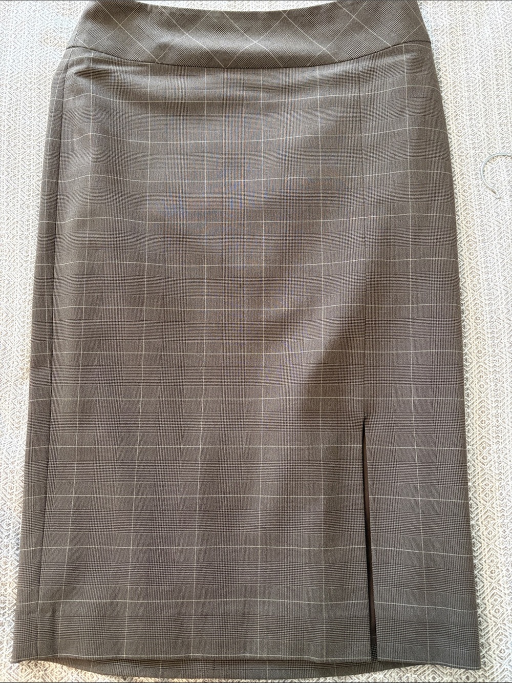Tailored Brown Windowpane Pencil Skirt with Side Slit